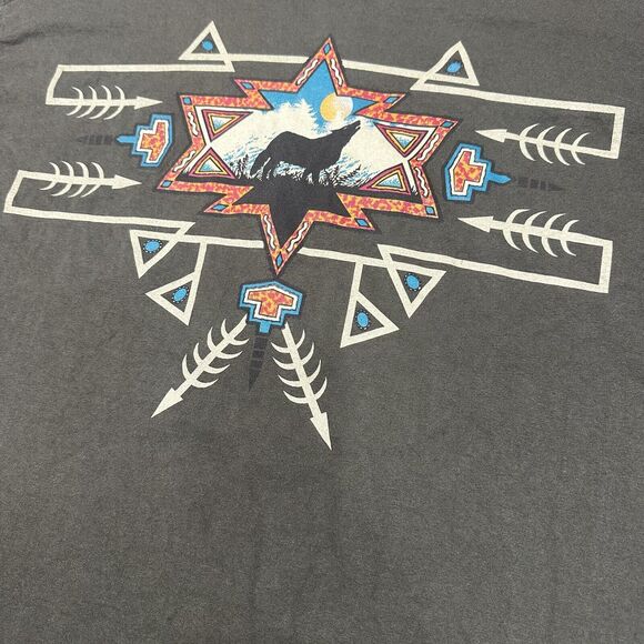 Vintage Men XL Alore Wolf print t shirt Olive Single stitch Aztec SS Southwest - Picture 2 of 8